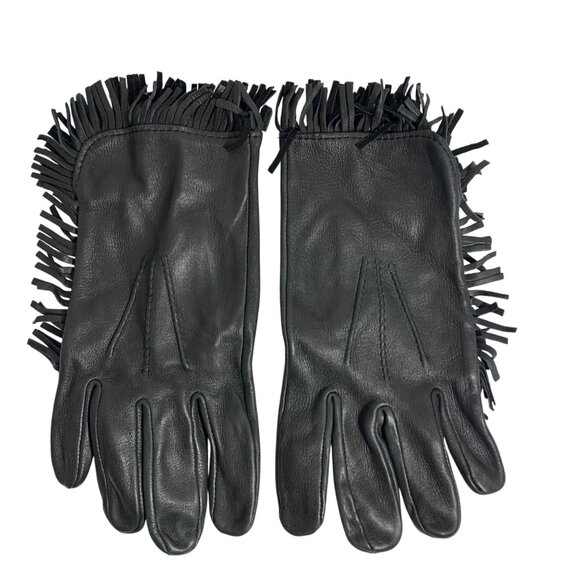 U.S.A. Black Leather Fringe Gloves Unisex 9.5" Western Motorcycle Style EUC - Picture 1 of 6